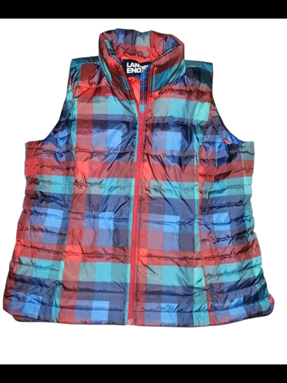 Lands' End Kids Plaid Puffer Vest - Red, Blue & Teal